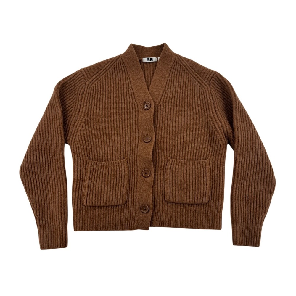 Uniqlo U Cardigan Womens S Brown Excellent 100% Wool Ribbed V-Neck Lemaire
